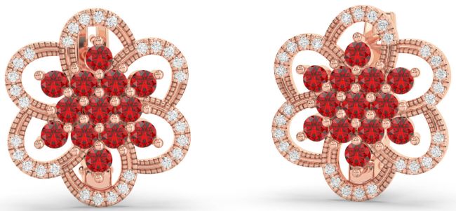 Diamond Ruby Rose Gold Silver Flower Stud Earrings