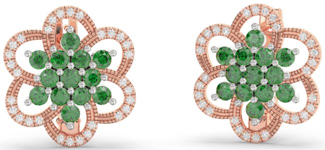 Diamond Emerald Rose Gold Silver Flower Stud Earrings