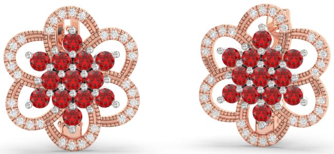 Diamond Ruby Rose Gold Silver Flower Stud Earrings