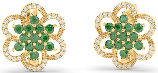 Diamond Emerald Gold Silver Flower Stud Earrings