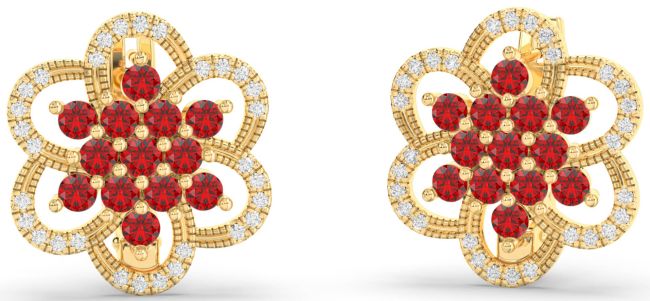 Diamond Ruby Gold Flower Stud Earrings