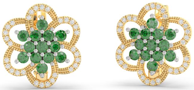 Diamond Emerald Gold Silver Flower Stud Earrings