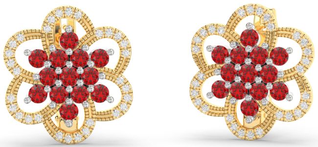 Diamond Ruby Gold Silver Flower Stud Earrings