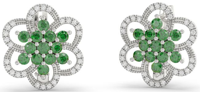 Diamond Emerald Silver Flower Stud Earrings