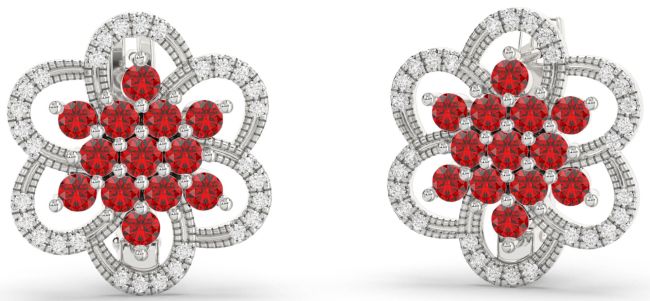 Diamond Ruby White Gold Flower Stud Earrings