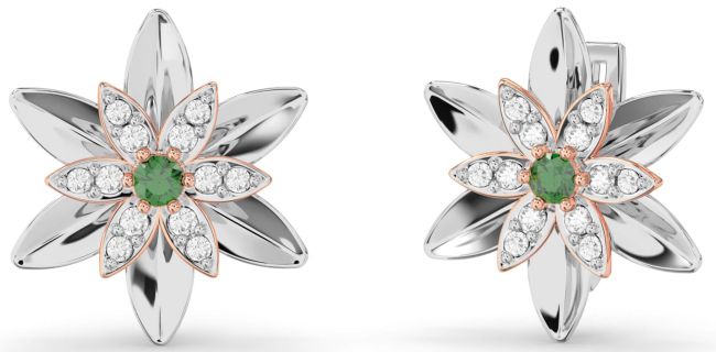 Diamond Emerald Rose Gold Silver Flower Stud Earrings
