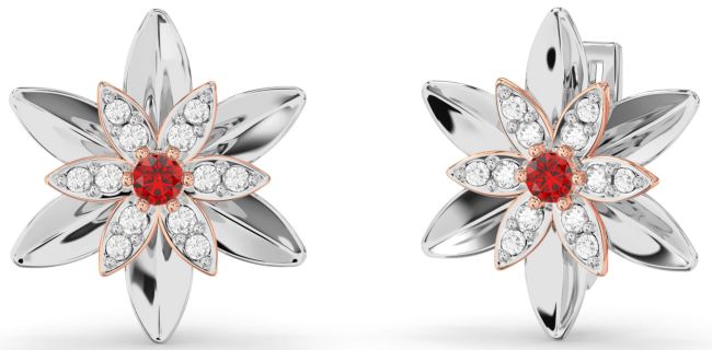 Diamond Ruby Platinum & Rose Gold Flower Stud Earrings