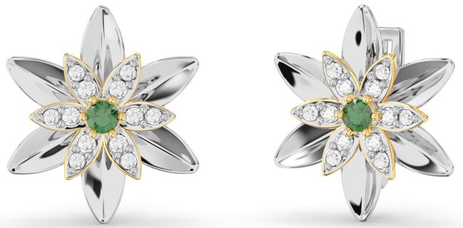 Diamond Emerald Gold Silver Flower Stud Earrings