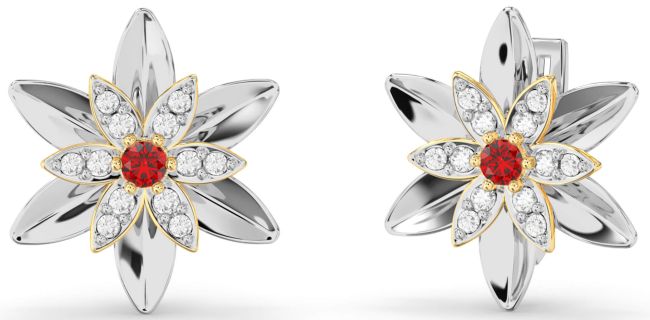 Diamond Ruby Platinum & Yellow Gold Flower Stud Earrings