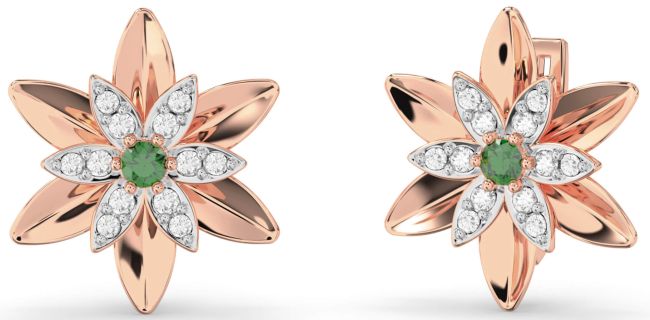 Diamond Emerald Rose Gold Flower Stud Earrings