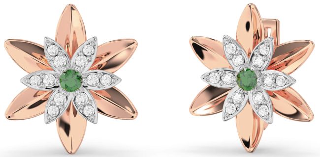 Diamond Emerald White Rose Gold Flower Stud Earrings