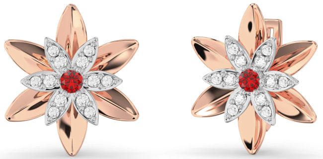 Diamond Ruby Platinum & Rose Gold Flower Stud Earrings