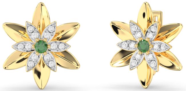 Diamond Emerald Gold Silver Flower Stud Earrings