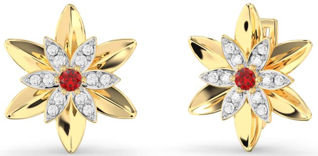 Diamond Ruby Gold Flower Stud Earrings