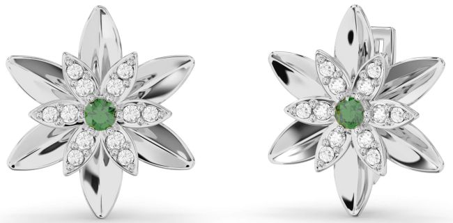 Diamond Emerald Silver Flower Stud Earrings