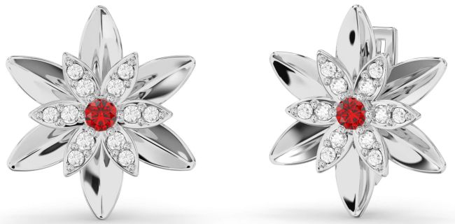 Diamond Ruby Silver Flower Stud Earrings