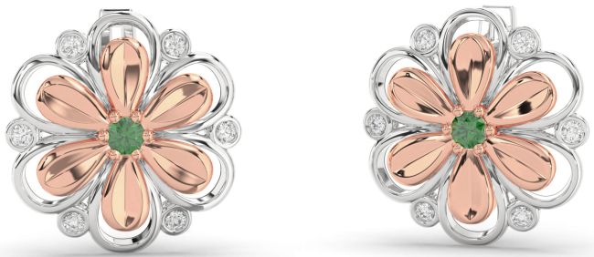 Diamond Emerald Rose Gold Silver Daisy Flower Stud Earrings
