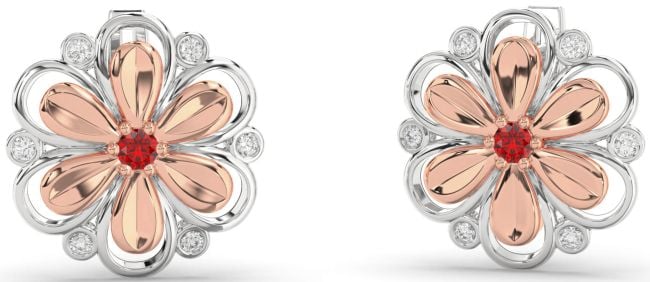 Diamond Ruby Rose Gold Silver Daisy Flower Stud Earrings
