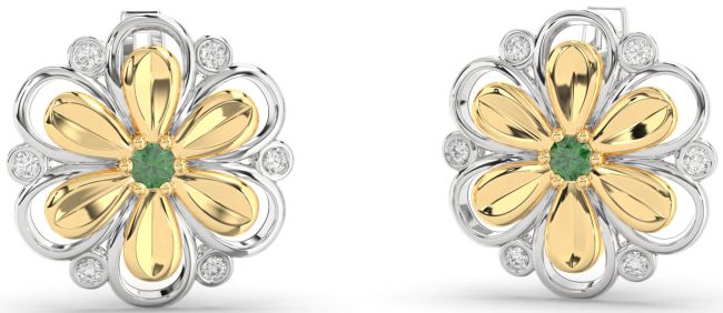 Diamond Emerald Gold Silver Daisy Flower Stud Earrings