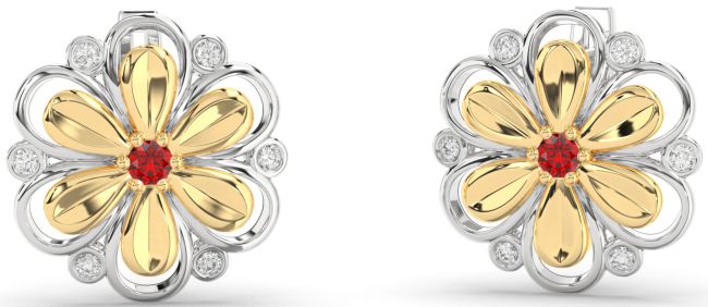 Diamond Ruby Platinum & Yellow Gold Daisy Flower Stud Earrings