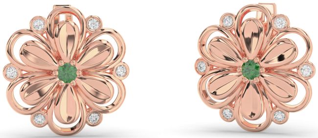 Diamond Emerald Rose Gold Daisy Flower Stud Earrings