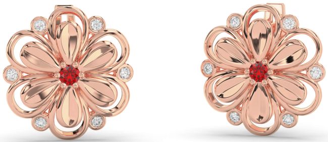 Diamond Ruby Rose Gold Daisy Flower Stud Earrings