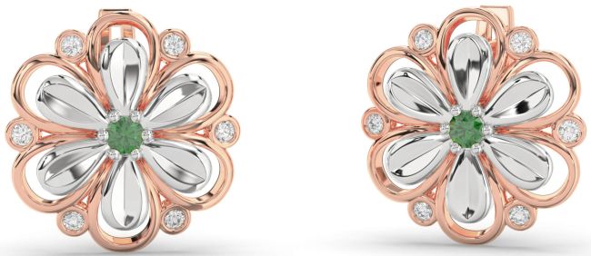 Diamond Emerald Platinum & Rose Gold Daisy Flower Stud Earrings