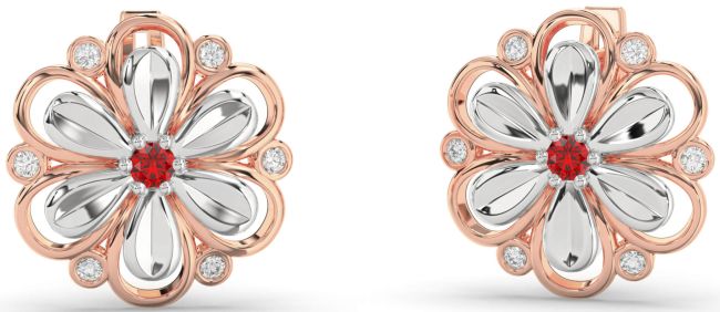 Diamond Ruby Rose Gold Silver Daisy Flower Stud Earrings