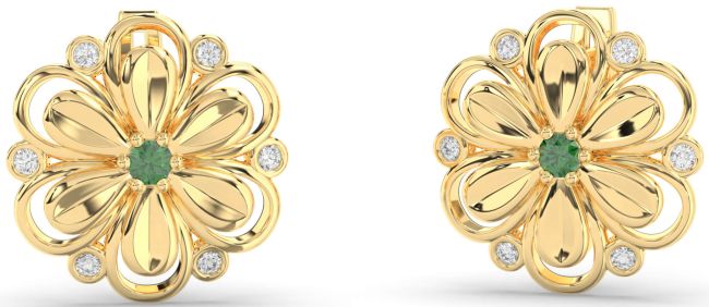 Diamond Emerald Gold Silver Daisy Flower Stud Earrings