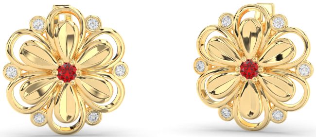 Diamond Ruby Gold Silver Daisy Flower Stud Earrings