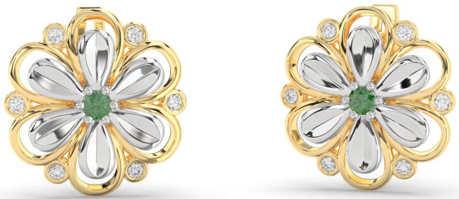 Diamond Emerald Gold Silver Daisy Flower Stud Earrings