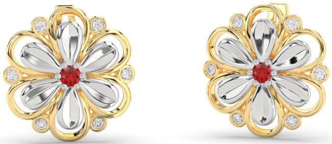Diamond Ruby Gold Silver Daisy Flower Stud Earrings