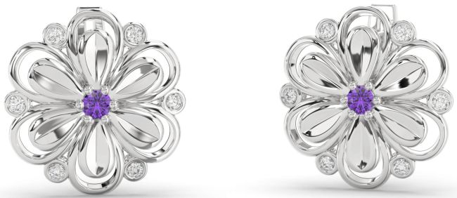 Diamond Amethyst Silver Daisy Flower Stud Earrings