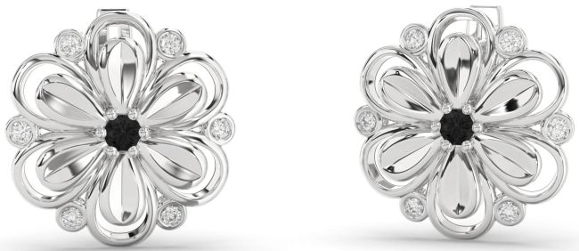 Black Diamond Silver Daisy Flower Stud Earrings