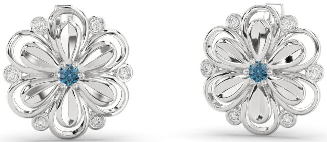 Blue Diamond Silver Daisy Flower Stud Earrings