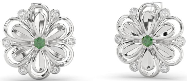 Diamond Emerald Silver Daisy Flower Stud Earrings