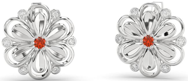Diamond Fire Opal Silver Daisy Flower Stud Earrings