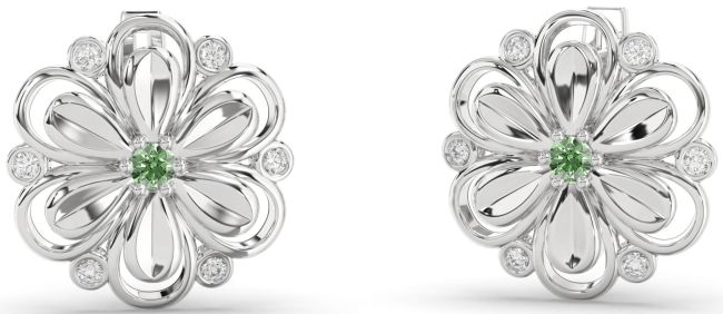 Green Diamond Silver Daisy Flower Stud Earrings