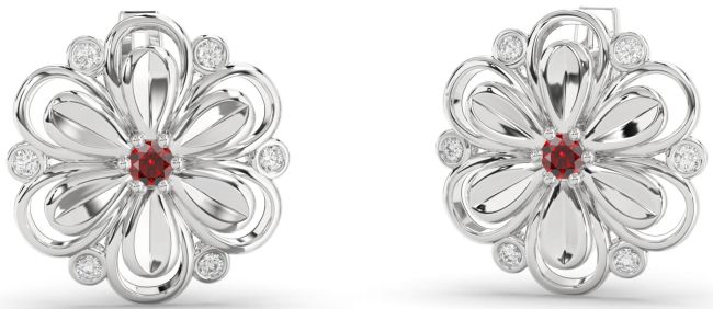 Diamond Garnet Silver Daisy Flower Stud Earrings