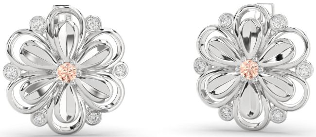 Diamond Morganite Silver Daisy Flower Stud Earrings