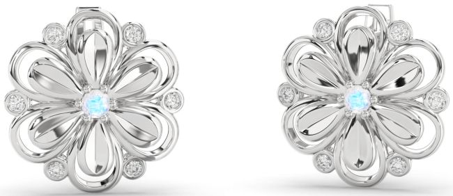 Diamond Moonstone Silver Daisy Flower Stud Earrings