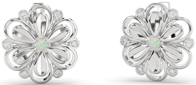 Diamond Opal Silver Daisy Flower Stud Earrings