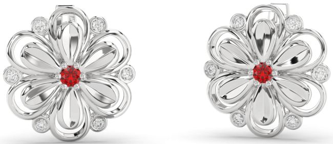 Diamond Ruby White Gold Daisy Flower Stud Earrings