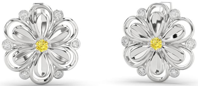 Yellow Diamond Silver Daisy Flower Stud Earrings