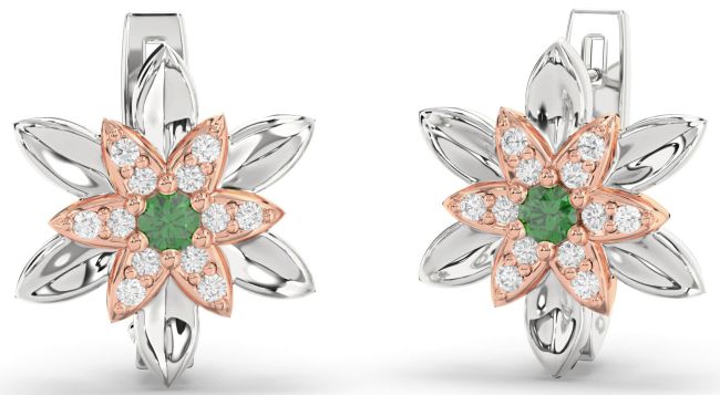 Diamond Emerald Platinum & Rose Gold Flower Stud Earrings