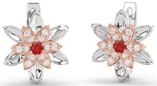 Diamond Ruby Platinum & Rose Gold Flower Stud Earrings