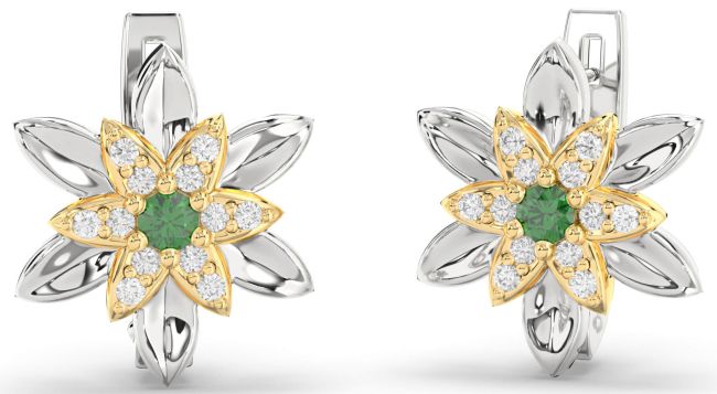 Diamond Emerald Gold Silver Flower Stud Earrings