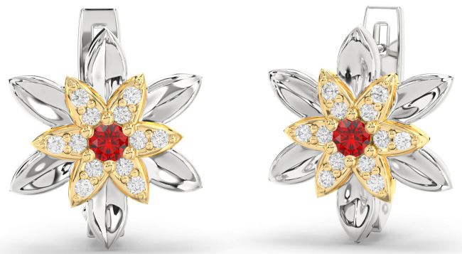 Diamond Ruby Platinum & Yellow Gold Flower Stud Earrings