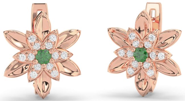 Diamond Emerald Rose Gold Silver Flower Stud Earrings