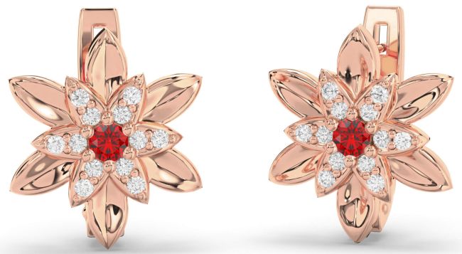Diamond Ruby Rose Gold Silver Flower Stud Earrings